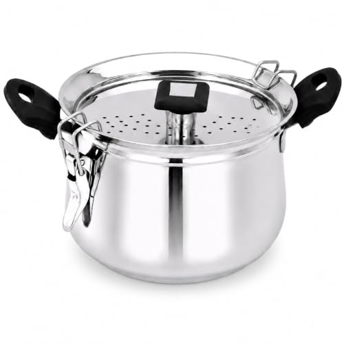 Image of MYNAKSHA Stainless Steel Rice Strainer Pot with Lid, Heavy Base Rice Cooker with Locking Handles, Induction & Gas Compatible, Drain Easily, Ideal for Pasta, Lentils,Noodles & Vegetables - 2.5 L