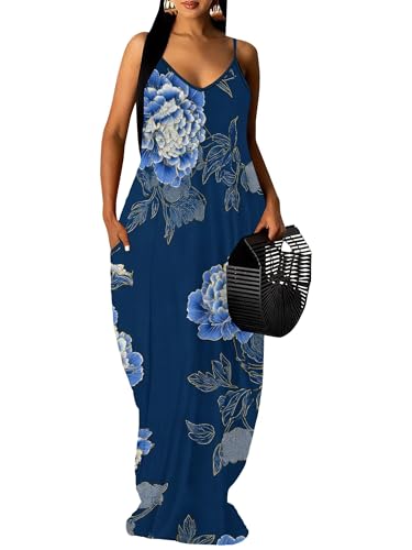 Image of Women Spaghetti Strap Maxi Dress with Pockets | Soft fabric relaxed fit sleeveless v neck with pockets for party and daily wear
