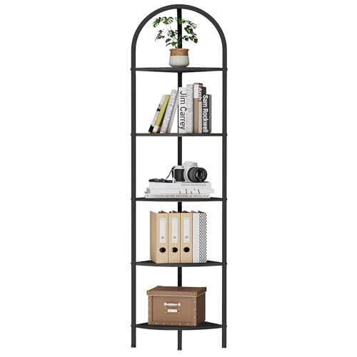 Homhedy 5-Tier Arched Corner Shelf Stand, Wall Corner Bookshelf with Metal Frame, Plant Stand, Industrial Storage Rack Shelf for Living Room, Bedroom, Office, Bathroom, Black