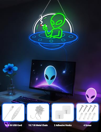 Image of Alien Neon Signs for Wall Decor, UFO Neon LED Signs Light for Man Cave, USB Dimmable Alien LED Light for Bar Party Birthday Christmas Gift (UFO Alien)