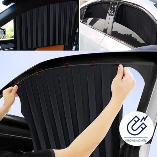 Image of 4 Pcs Magnetic Car Window Curtains with Triple Layer UV Protection - Foldable Pleated Side Window Sun Shades for Privacy & Heat Reduction | Universal Fit Removable Black Curtains for Cars SUVs