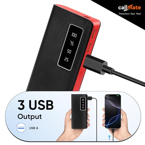 Image of Callmate 10000mAh Power Bank with LED Lamp, 12W Fast Charging & Digital Display with 3 USB Output Ports & 2 Input for iPhone, Smartphones & Other Devices (12 W, Fast Charging) (Red, Lithium Ion)