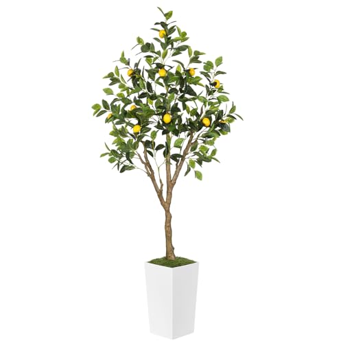 PHYTREE 6FT Artificial Lemon Tree with Pot, Fake Lemon Tree with White Tall Planter, Faux Lemon...