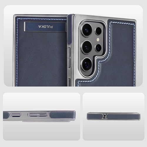 Image of PULOKA Chrome Leather Back Case - Compatible with Samsung Galaxy S25 Ultra - Luxury Bumper Case - Flexible Vegan Leather - Electroplated Sides - Full Camera Protetection & Raised Edges - Blue