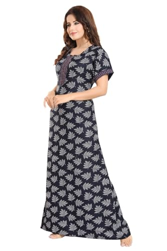 Image of Fabme Women's Cotton Printed Long Maxi Night Gown Nighty Dress with Pocket & Embroidery on Neck and Sleeves