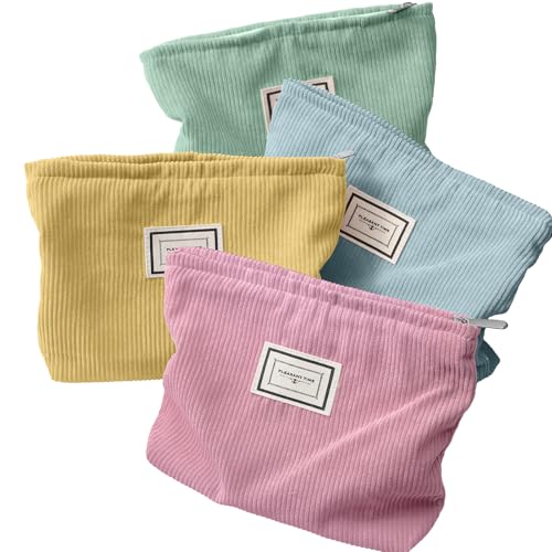 Sanwuta 4 Pcs Velvet Corduroy Makeup Bag, 10x7x2'', Macaron Series