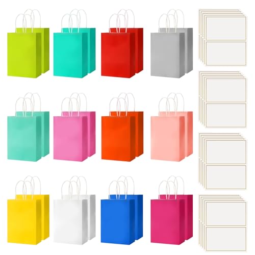 Lot de 24 sacs cadeaux d'anniversaire pour enfants, petits sacs en papier avec anse, multicolores, sacs cadeaux en papier pour bonbons, fête, sacs de Pâques (15 x 8 x 21 cm), avec 24 cartes de vœux