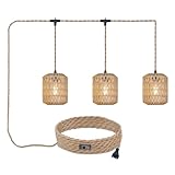 ALAISLYC 3 Lights Plug in Pendant Light with Cord On/Off Switch Rattan Hanging Lamp with 22ft Hand Woven Wicker Plug in Chandelier Boho Hanging Lights Fixture for Bedroom Kitchen Hallway Foyer