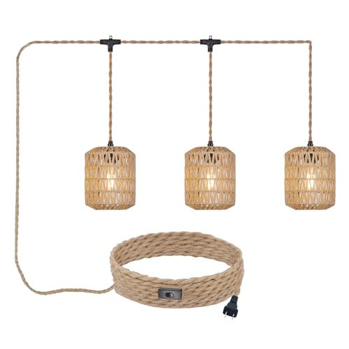 Image of 3 Lights Plug in Pendant Light with Cord On /Off Switch Rattan Hanging Lamp with 22ft Hand Woven Wicker Plug in Chandelier Boho Hanging Lights Fixture for Bedroom Kitchen Hallway Foyer