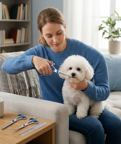 Image of 4-Piece Dog Grooming Kit, Dog Hair Cutting Scissors Set with Straight, Thinning, Downward Curved Shears and Steel Comb, Blue Ring Pet Grooming Scissors for Small Dogs