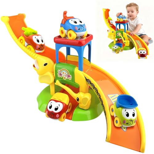 GZhaizhuan 3 in 1 Track Builder Caja Lata de Gasolina Set de Pistas para Coches con 4 Coches de Juguete para niños de 1-5 años, niños, niñas, Rompecabezas, Regalos