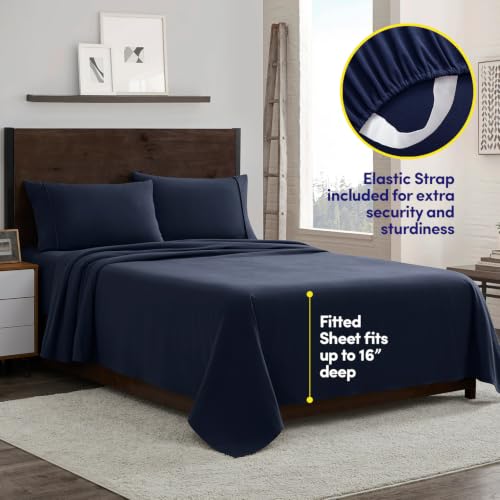 Image of Flannel Sheets Warm and Cozy Deep Pocket Breathable All Season Bedding Set with Fitted, Flat and Pillowcases, Twin, Navy