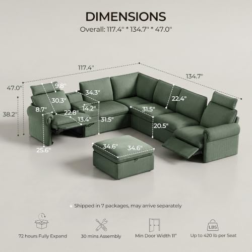 Image of CHIC HOUSE 117 inch 6-Seat Modular Power Reclining Sectional Couch, Green