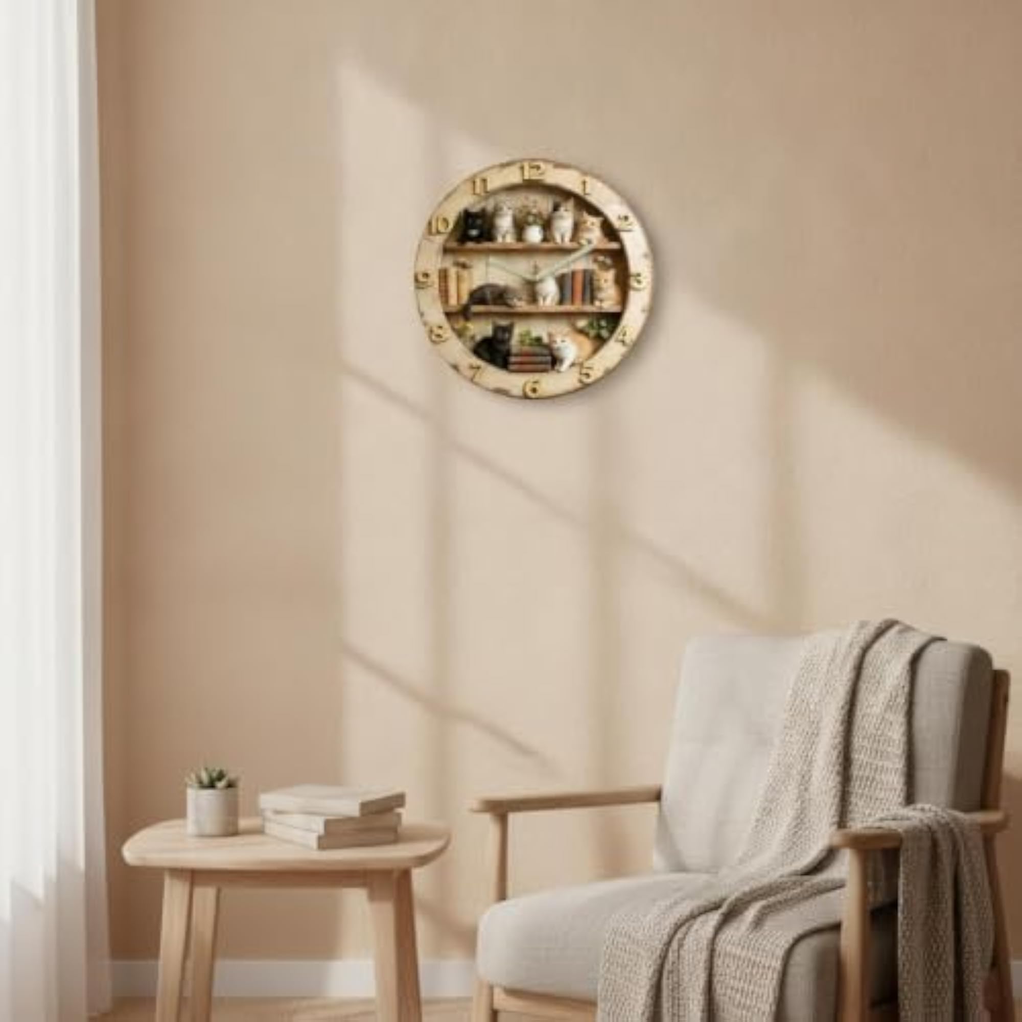 Cat-Themed Wall Clock, Rustic Wood-Look Design