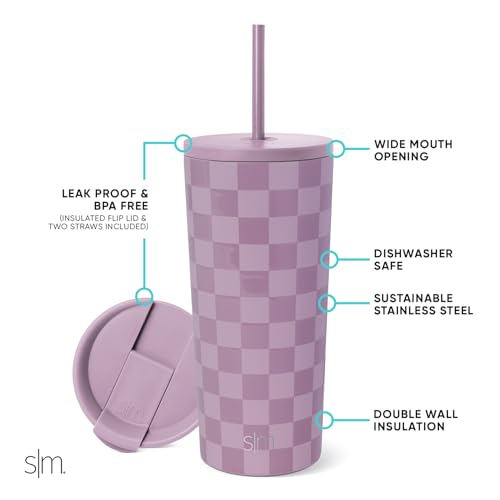 Image of Simple Modern Insulated Tumbler with Lid and Straw | Iced Coffee Cup Reusable Stainless Steel Water Bottle Travel Mug | Gifts for Women Men Her Him | Classic Collection | 20oz | Lavender Checkmate