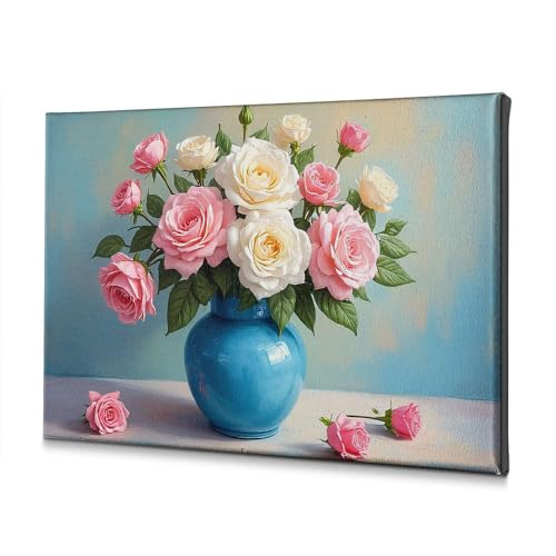 Tableau bouquet de roses vase bleu toile déco 20x30 cm pour étagère