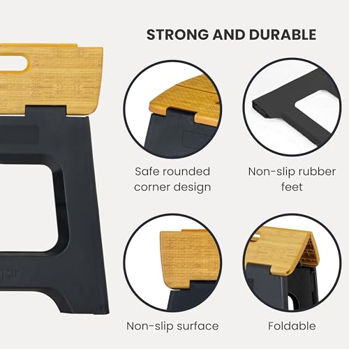 Image of Vigar Compact Folding Step Stool, 12-1 /2 in, Black Bamboo Print | 12-1 /2 in Foldable Stool, Lightweight Portable Design, Handle, Non Slip Surface, Space-Saving, Supports up to 330 lb