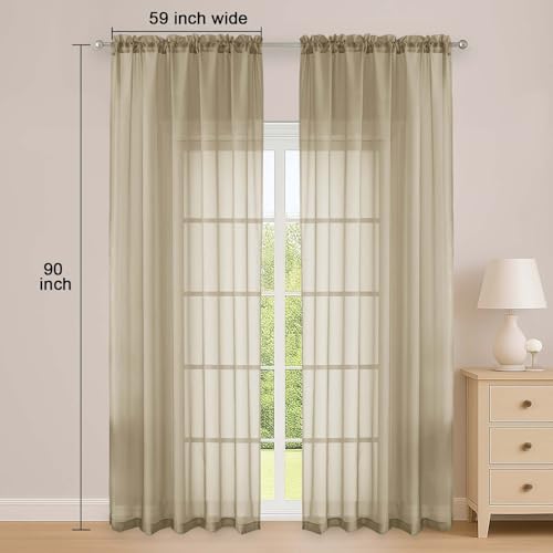 Image of OWENIE Taupe Sheer Curtain 90 Inches Long 2 Panels Set, Solid Filmy Drapes for Living Room Bedroom, Elegant Window Voile Sheer Curtain Panels Drapes, 2 Pcs, Each 59 inch Wx90 L Inch