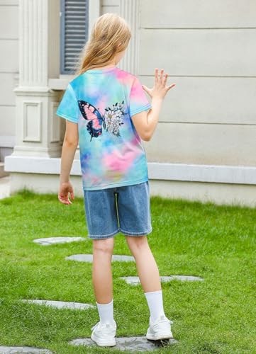 Image of SunFoucs Girls Kids Shirts Size 5-12 Tie Dye Casual Tshirt Short Sleeve Crewneck Tee Top | Short Sleeve Rainbow Tee Top