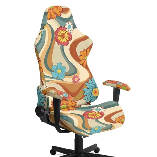 Fiqyvagox 4 fundas elásticas para sillas de videojuegos, con estampado de flores hippie, color azul y beige, fundas elásticas para sillas de computadora con reposabrazos, ajuste universal, fundas