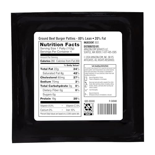 Amazon Grocery, 100% Pure Ground Beef Burger Patties, 80% Lean/20% Fat, 1 lb (Pack of 4)
