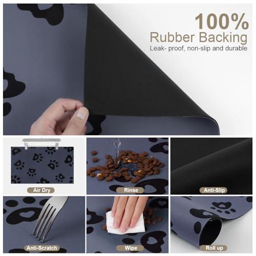 Pet Feeding Mat 30x50cm, Absorbent Dog Placemat for Food and Water Bowl, Rubber Backing Waterproof No Stains Quick Dry Non Slip Cat Food Bowl Mats, Multiple Paws (Gray) - Image 6