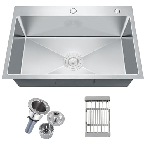 Vivrhintty 30-inch Single Bowl Workstation Kitchen Sink, Drop-in/Top-Mount Stainless Steel with Nano Coating & Basket Strainer, 30'x18'
