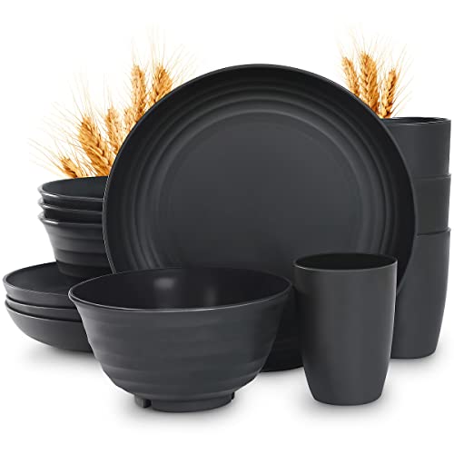 12pcs Plastic Wheat Straw Dinnerware Sets, Wheat Straw Plates and Bowls Sets for...