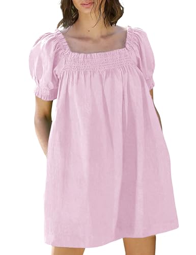 Image of Huaqiao Womens Summer Mini Dress 2026 A-Line Square Neck Puff Sleeve Beach Sundress Casual Short Dress with Pockets