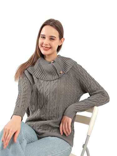 Women's Fall Winter Ribbing Long Sleeve Knit Sweater Turtleneck Buttons Loose Pullover Sweater4