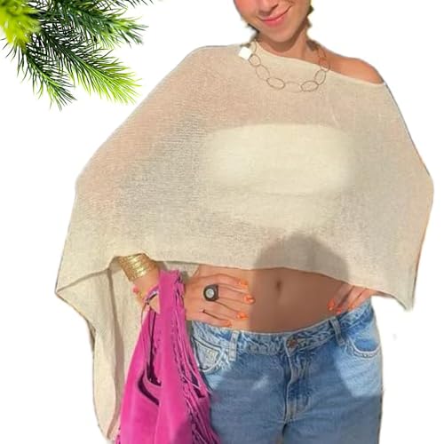 Sheer Mesh Poncho Y2K Lightweight Asymmetric Off Shoulder See Through Cover Up Shawl Sweater for Women Summer Beach Poncho