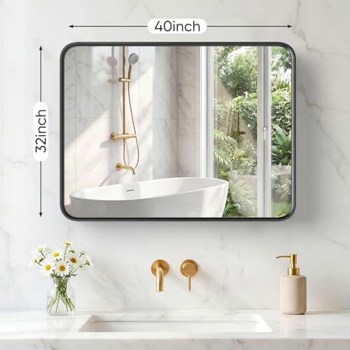 Image of Sweetcrispy Bathroom Mirror 40x32 Inch Metal Framed Rounded Rectangle Vanity Mirror for Wall, Over Sink, Farmhouse, Restroom, Anti-Rust, Modern Decorative, Horizontal or Vertical Hanging, Black