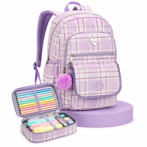 Kit Mochila Feminina Grande com Estojo Xadrez Tom Pastel Lilás
