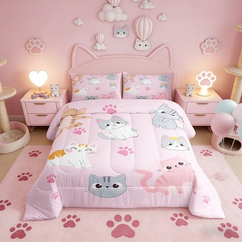 Image of Erosebridal Kids Comforter Set Twin Size Cute Colorful Cats Bedding Set for Girls Kawaii Room Decor, Pink Pet Animal Paw Down Comforter Grey Orange Cat Bed Set Soft Quilt Duvet Set 1 Pillow Case