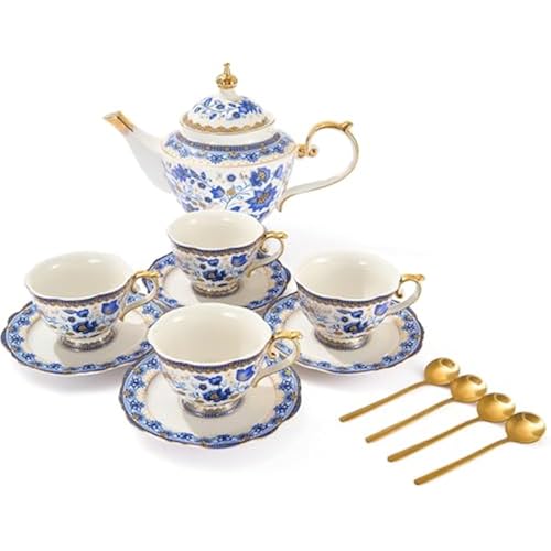 Fine Bone China Tea Set with Teapot, Teacups & Spoons & Saucers 13-Pieces Blue, Porcelain White & Gold Detailed Dream Vintage Floral - Coffee & Teas, Gifts for Mom, Her, Housewarming, Wedding Service