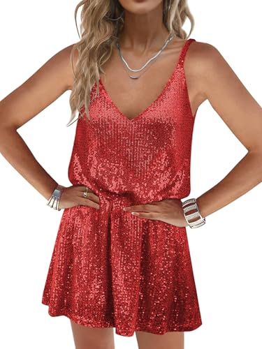 Image of MIYIEONZ Women Sequin Sexy V Neck Shift Dress Sparkly Glitter Sleeveless Short Flowy Loose Party Night Out Club Dress
