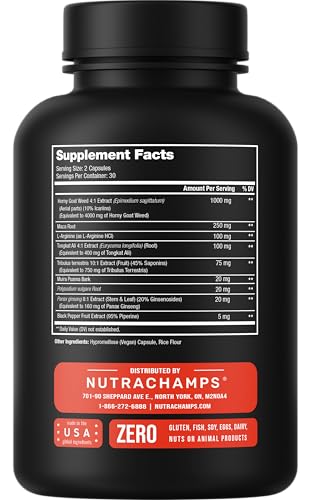 Image of NutraChamps Horny Goat Weed, 1000mg Epimedium Energy Supplement, 10X Strength Icariin, Ginseng, Tribulus & Maca Pills for Women & Men, Enhanced Absorption with Black Pepper, 60 Vegan Capsules