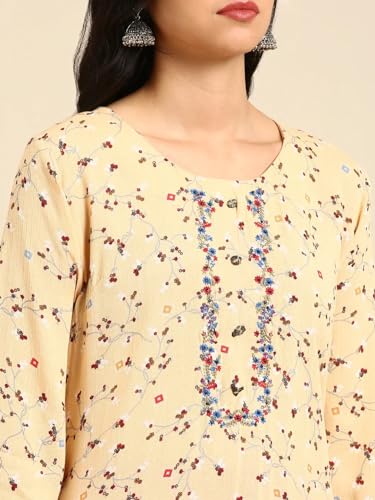 Image of SHOWOFFFF Women Printed Straight Fusion Kurta | Round Neck 3 /4th Sleeves Cotton Kurta for Womens | Regular Fit Calf Length Kurta for Women's
