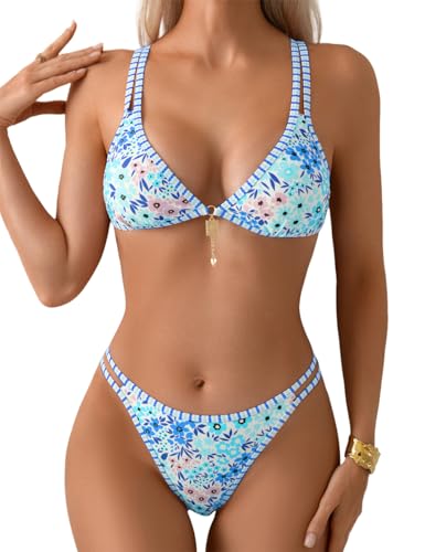 Tainehs Women's Two Piece Bikini Sets Sexy V Neck Swimwear Floral Triangle Swimsuit Cutout Low Rise Bathing Suit