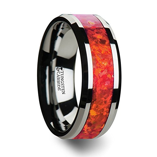 Nebula Tungsten Contemporary Metal Wedding Band Ring With Red Opal Inlay 8Mm Wide Size 10 #TOP23