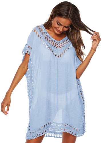 KANDEMY Damen Sommer Bikini Cover Up V-Ausschnitt Strand Poncho Strandkleid mit Cutout Crochet Sommer Kleider für Urlaub Hellblau L