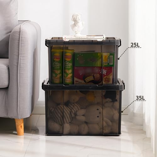 Cetomo 35 l x 3 pudełka do przechowywania, z pokrywkami, wytrzymały pojemnik z pokrywką ze wzmocnionymi narożnikami, pionowe boki i zamknięcie na klips, trwałe, plastikowe, przezroczyste czarne, 35 l