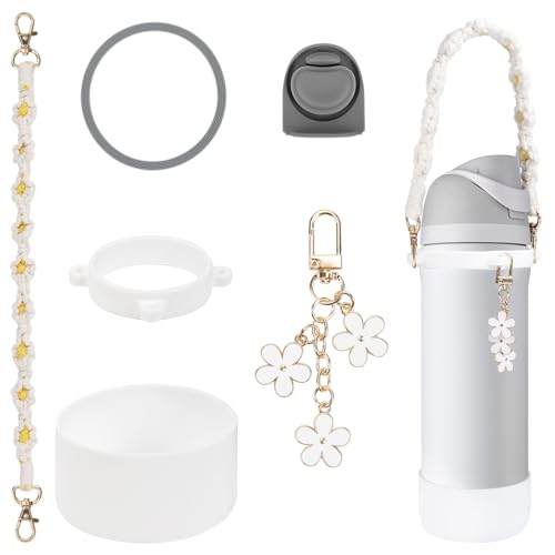 Comprehensive Compatible Owala Accessories Set: Silicone Boot for 24oz & 32oz Bottles, Water Bottle Handle Strap, Bottle Seal Ring, Replacement Stopper, Charms, Compatible Owala FreeSip (White, 24 oz)