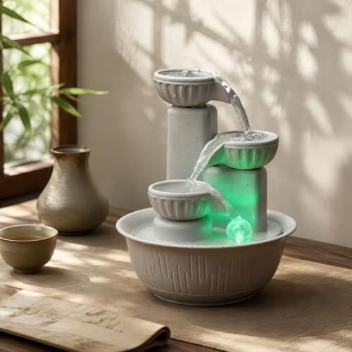 Image of Desk Fountain for Indoor Table, 3-Tier Cascading Waterfall with Warm LED Light - Compact Tabletop Water Feature, Calming Home Office Decor for Bedroom, Yoga Meditation(Cream)