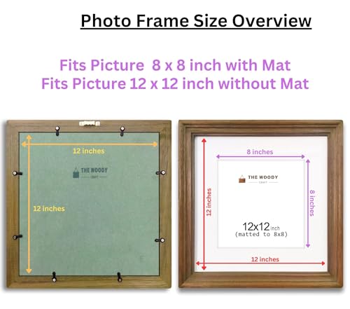 Image of 8 x 8 inch Wooden Photo Frame with Mat, Brown Photo Frame 8 x 8 inch with Mat or 12 x 12 inch without Mat for Wall Decoration, Gallery Walls, Best Wooden Photo Frames for Posters and Photos