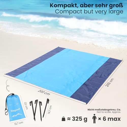 Siegvoll Stranddecke sandfrei 210 x 200 cm, Ultraleicht, tragbare Outdoor Picknickdecke für Strand, Wandern, Campen, Strandmatte inkl. 4 Befestigung Ecken, Karabiner, Tragebeutel