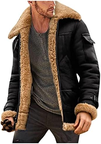 Men's Sheepskin Jacket Vintage Winter Warm Long Sleeve Sherpa Lined Padded Thicken Parka Jacket Lapel Collar Long Sleeve Fur Leather Jacket Cashmere Shearling Coat