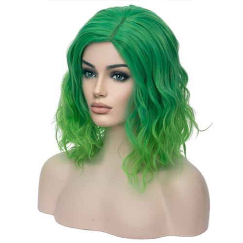 Image of BERON Green Wigs for Women Short Curly Bob Wavy Wig Girls Ombre Green 14 inch Body Wave Shoulder Length Hair Wig Heat Resistant Synthetic Halloween Cosplay Daily Party Wigs