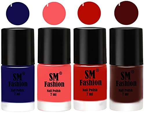 Image of Nail Polish Combo Set (Pack of 4) Quick Dry Gel Finish Nail Paint | Dark Blue,Light Pink,Red Orange,Wine | 7 ml Each