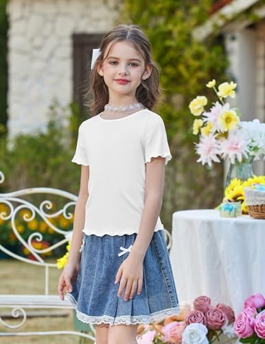Arshiner Girls Lettuce Trim Short Sleeve Shirts Summer Rib Knit Slim Fit Tops Basic Tee 2026 Outfits Casual T-Shirt Tops Tee Blouse White 7-8 Years — view 2
